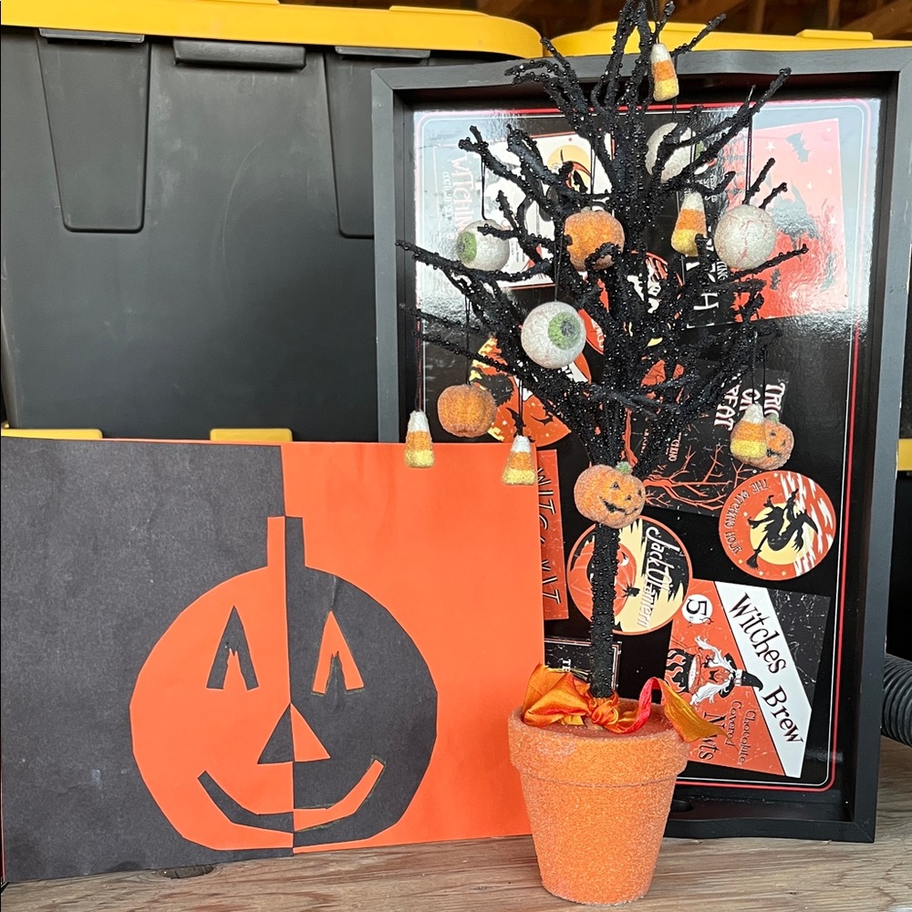 Department 56 Halloween Tree with Orange and Black Decor